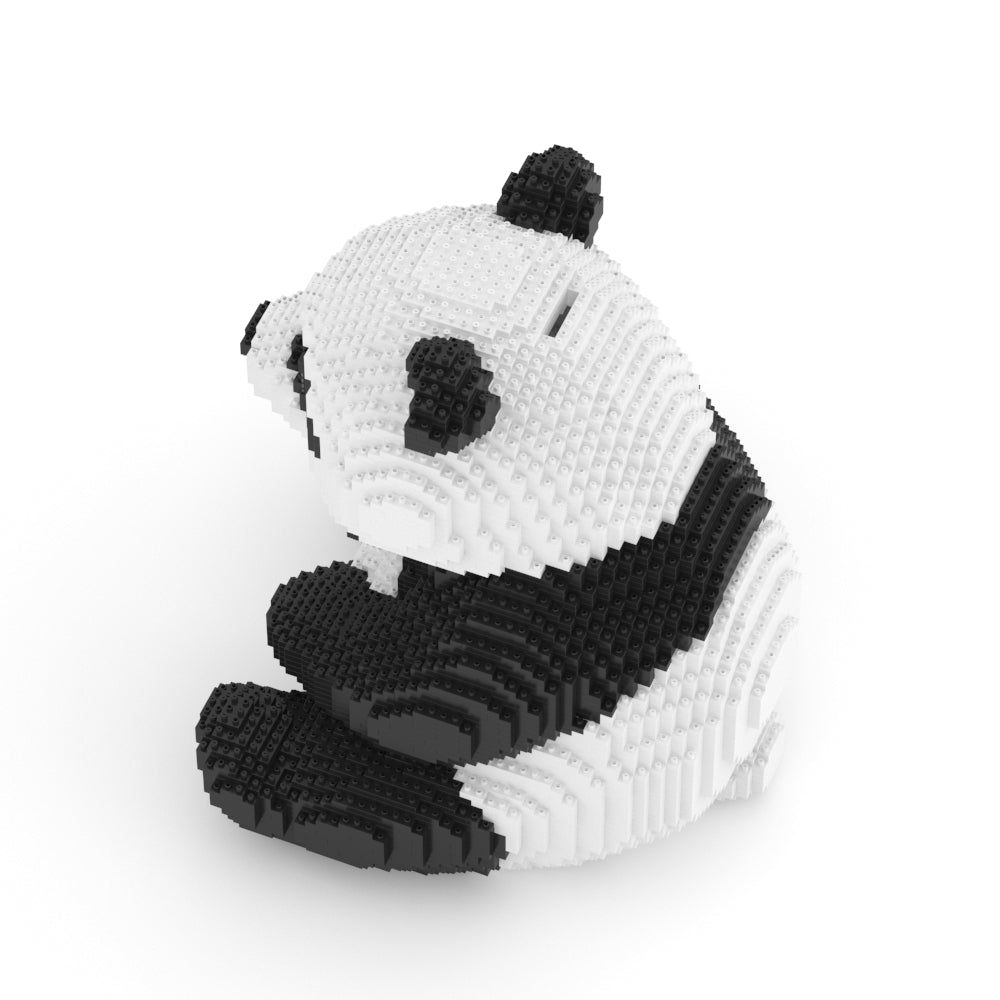 Top view of the panda money bank made of interlocking bricks showing the hole for coins
