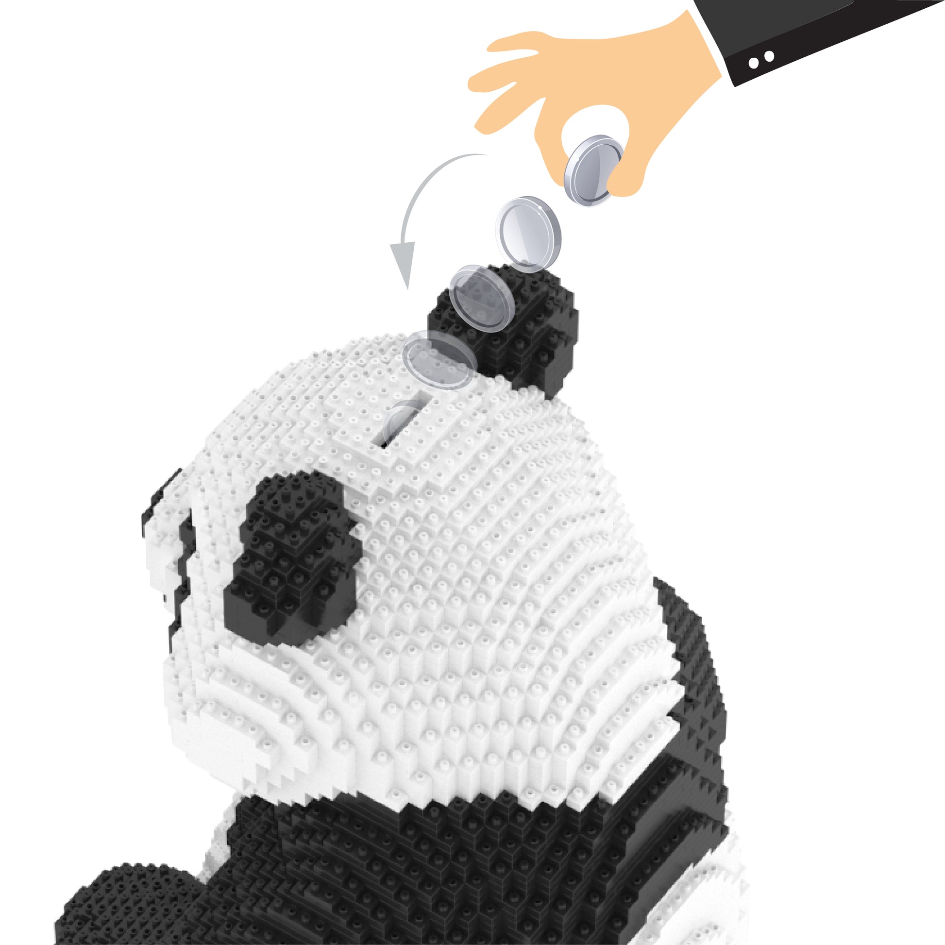 Panda money bank with a hand placing coins into its mouth on a white background