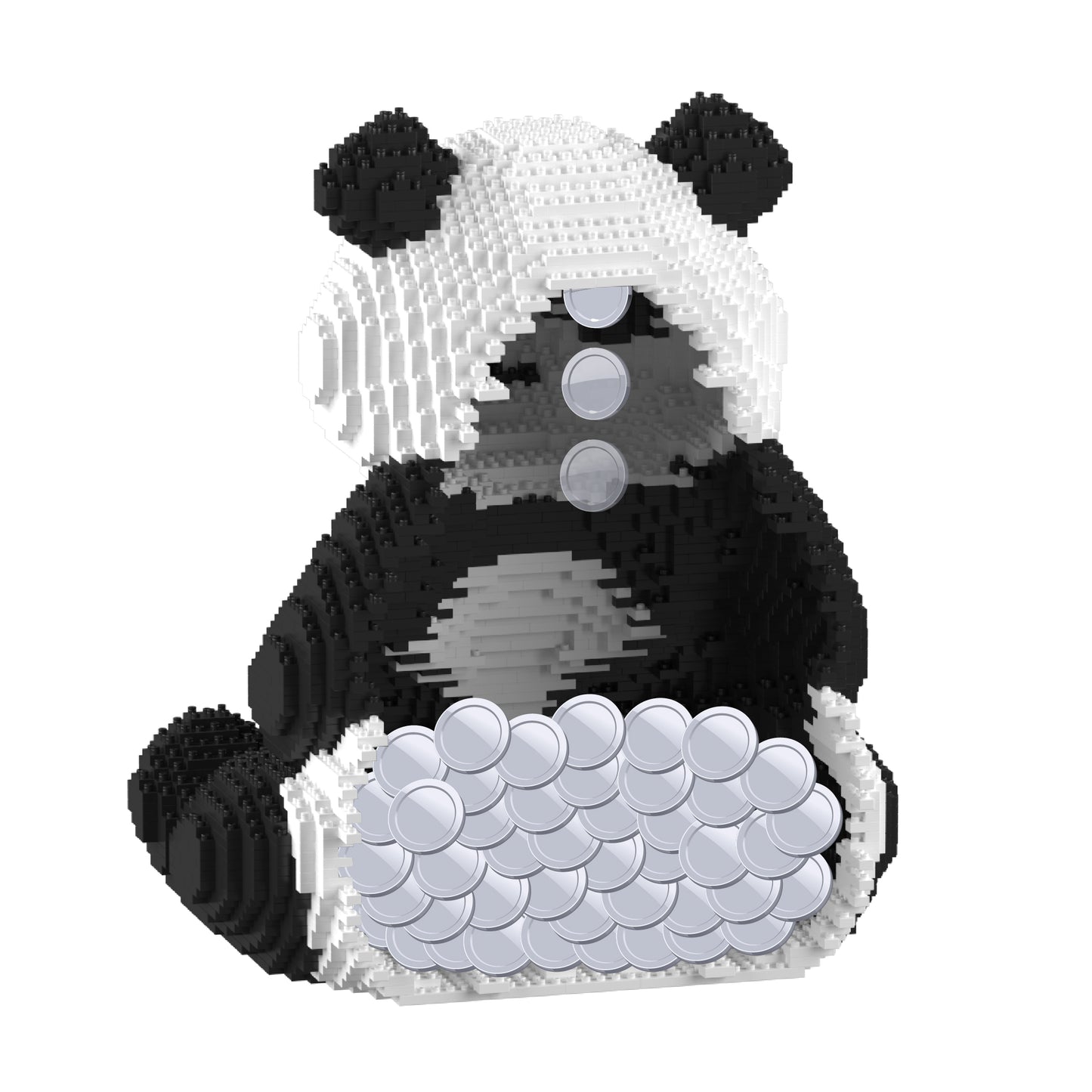 Panda money bank made of interlocking bricks on a white background