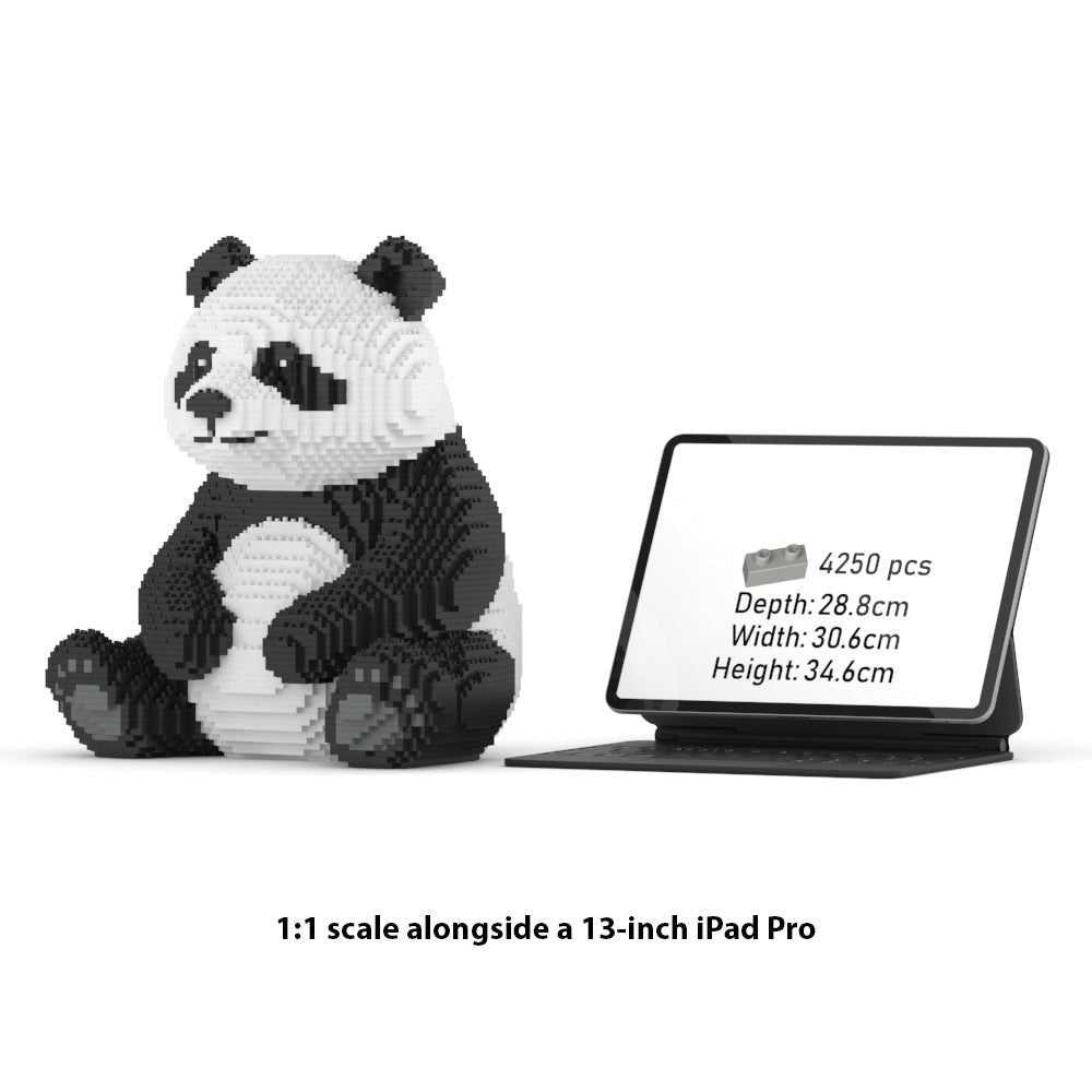 Panda-shaped building block set next to a 13-inch iPad Pro for scale comparison