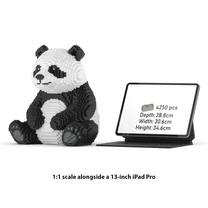 Panda-shaped building block set next to a 13-inch iPad Pro for scale comparison