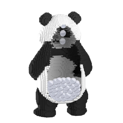Panda money bank made of interlocking bricks on a white background