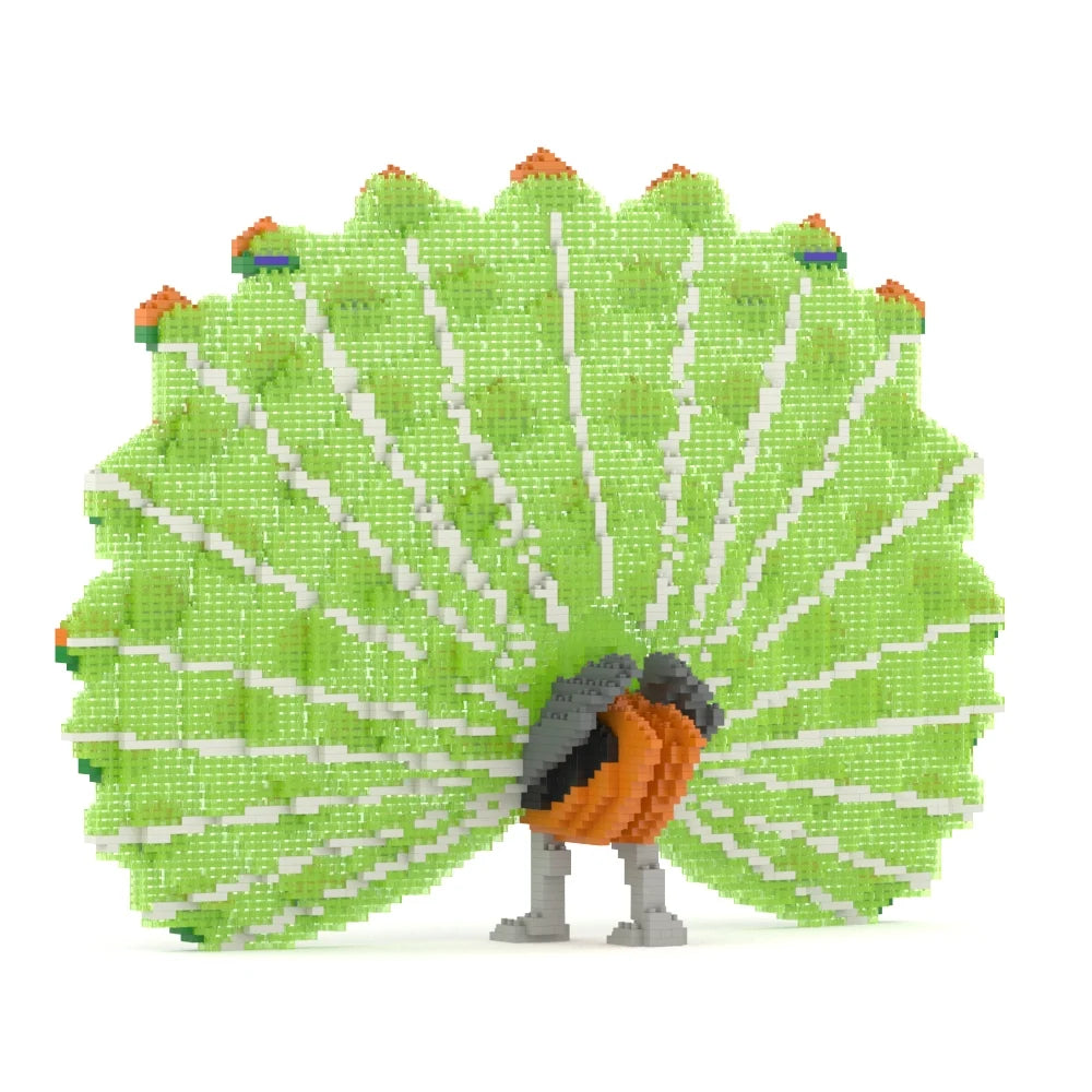 A 3D block puzzle model of a peacock with a bright green body, orange and black chest, and a large fanned tail displaying green, white, and orange spots, set against a plain white background.