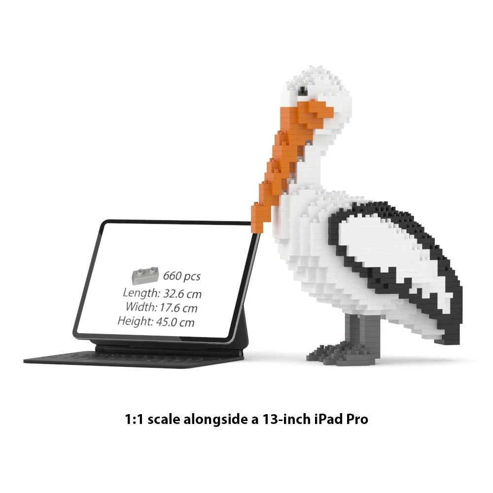 A pixelated pelican building block model stands beside a tablet displaying product info for a pelican figure. The tablet screen reads 660 pcs and dimensions