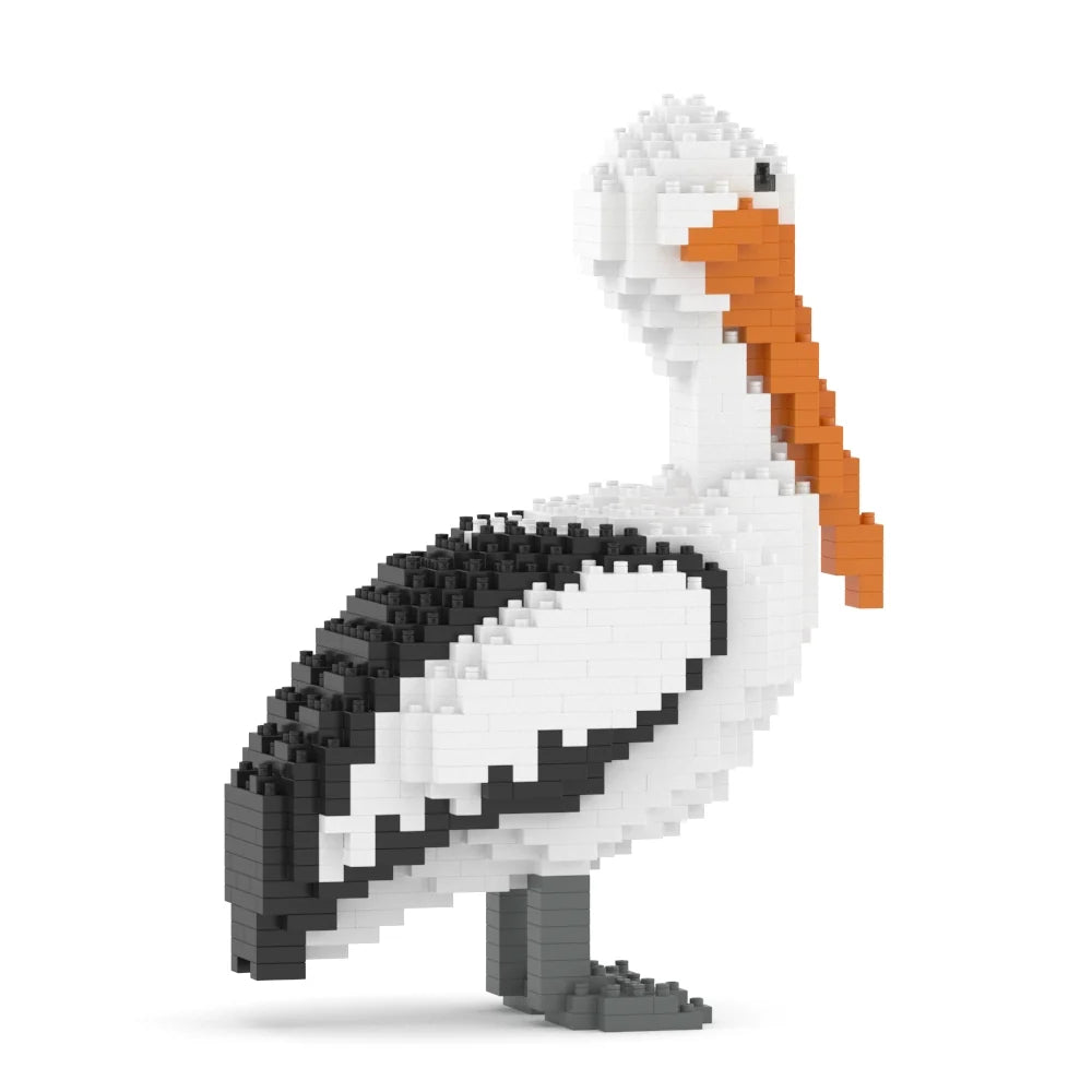 A pixelated pelican figure made of small black, white, orange, gray, and dark blue blocks, standing on a plain white background.