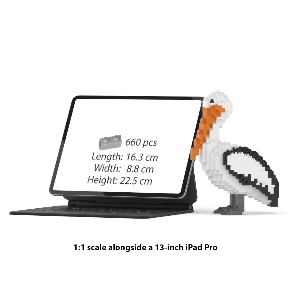 A 1:1 scale brick building toy set shaped like a pelican, shown next to a 13-inch iPad Pro on a white background with product specifications printed on the tablet screen.