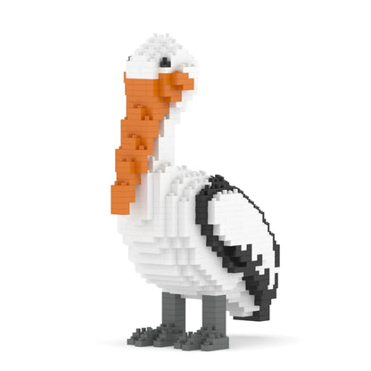 A pelican bird building block toy made from white, orange, black, gray, and white plastic bricks, standing on a plain white background.