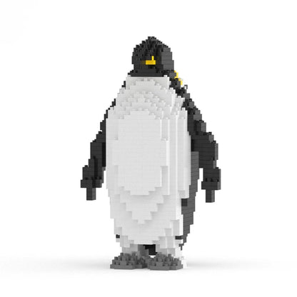 A penguin-shaped building block toy made of small interlocking blocks, standing upright on a light gray background. The toy is primarily white and black with small yellow accents on the beak and neck area.