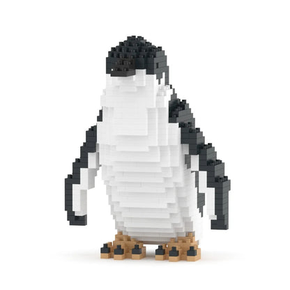 A penguin-shaped building block sculpture made of small black, white, and tan plastic bricks, standing against a plain white background.
