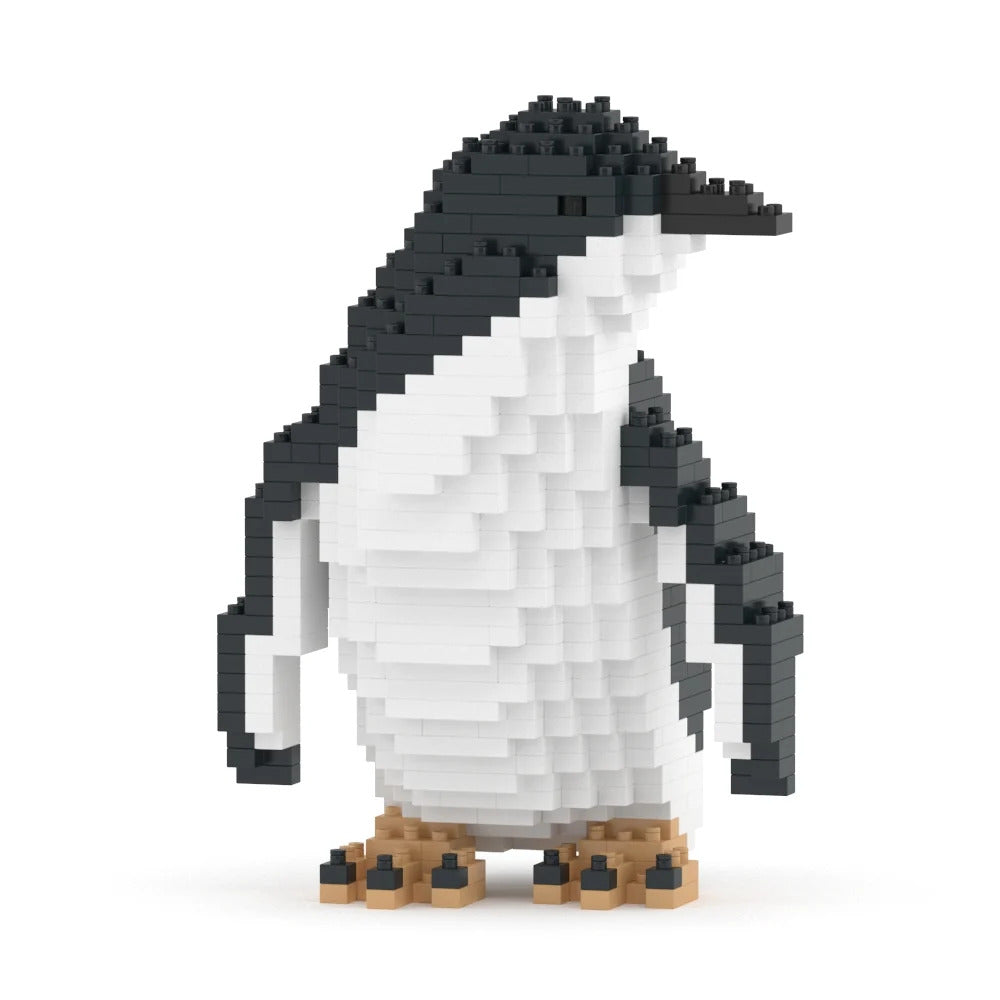 A pixelated penguin figure built from small black and white blocks with tan feet, shown on a clean white background.
