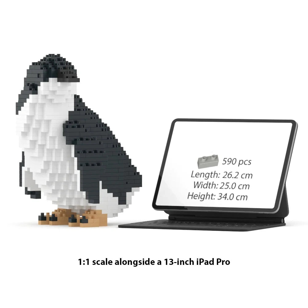 A 1:1 scale penguin model built from small block-like pieces stands beside a tablet displaying product information. The penguin is black, white, and tan.