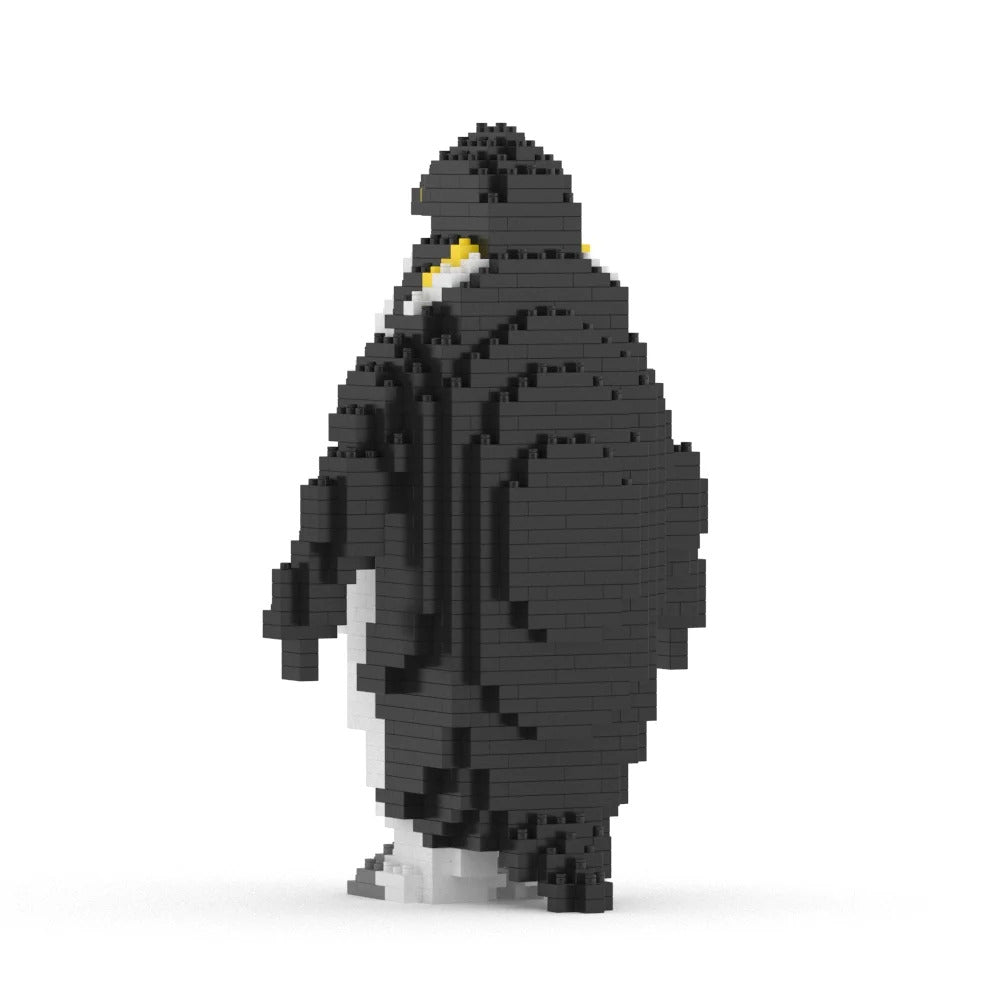 A penguin figure built from black, gray, white, and yellow interlocking blocks, shown from the back against a plain white background.