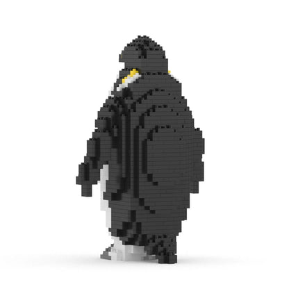 A penguin figure built from black, gray, white, and yellow interlocking blocks, shown from the back against a plain white background.