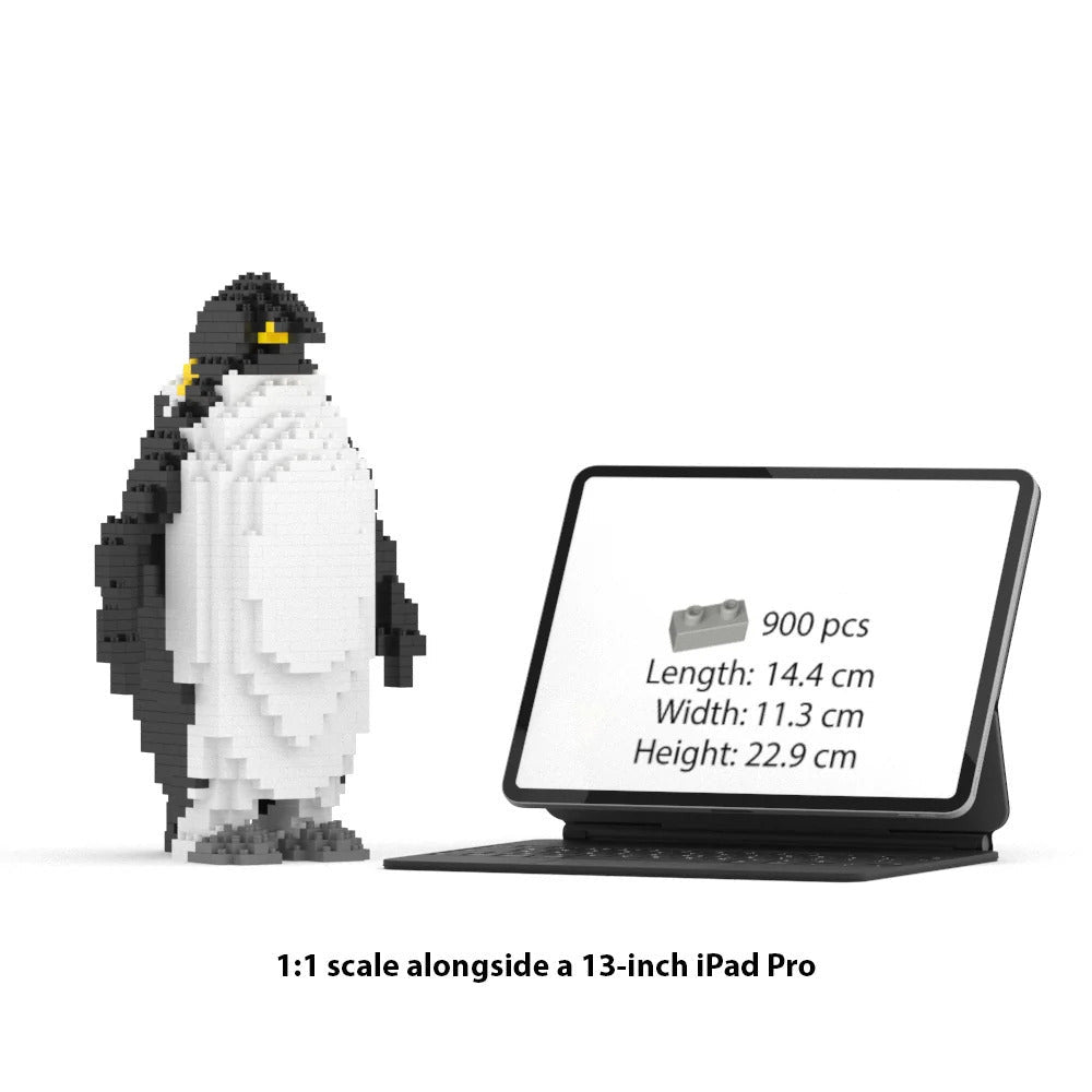 A 1:1 scale LEGO-style penguin building block set shown beside a 13-inch iPad Pro on a white background, with text reading '1:1 scale alongside a 13-inch iPad Pro.' The tablet screen displays product info including the model number and dimensions.