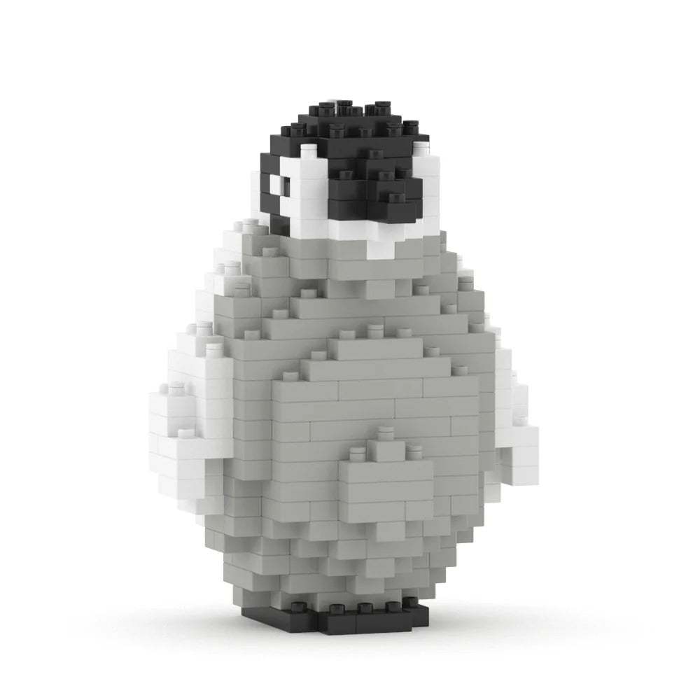 A small pixelated penguin figure built from gray, white, and black interlocking blocks, standing on a plain white background.
