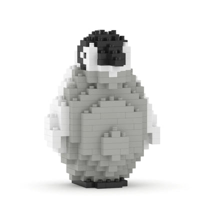 A small pixelated penguin figure built from gray, white, and black interlocking blocks, standing on a plain white background.