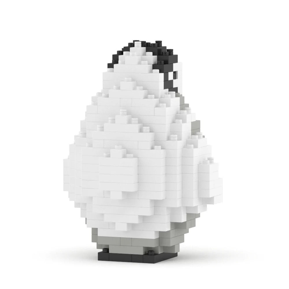 A small pixelated penguin figure built from white, gray, and black interlocking blocks, standing on a white background with a soft shadow underneath.