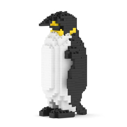 A penguin-shaped nanoblocks model built from black and white plastic blocks with yellow accents on the beak and chest, standing on a white background.