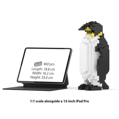 A JEKCA 1:1 scale penguin building block set shown next to a 13-inch iPad Pro for scale comparison, on a clean white background with text indicating the product details.