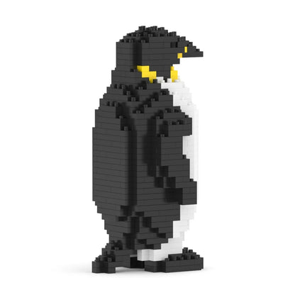 A penguin-shaped building block sculpture made of black, white, and yellow interlocking blocks, standing on a plain white background.