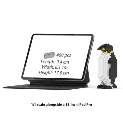 A 1:1 scale Penguin brick building set shown beside a 13-inch iPad Pro on a white background, with text indicating the set is 460 pieces and includes a penguin figure.