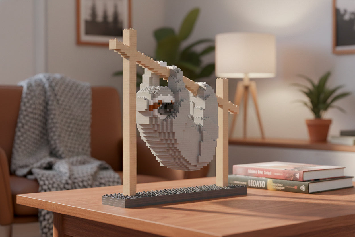 Decorative sloth building set on a branch on a wooden stand in a living room setting.