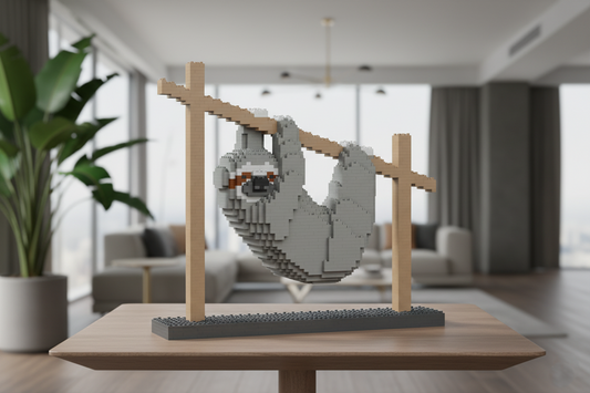 LEGO style sculpture of a sloth on a branch in a modern living room setting