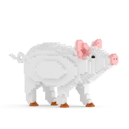 Model of a pig made from interlocking bricks on a white background