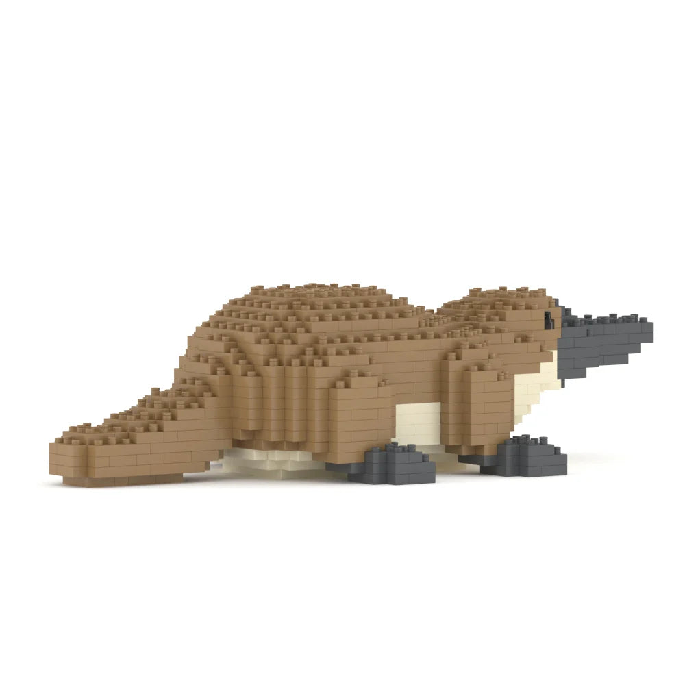 Toy platypus made of interlocking bricks on a white background