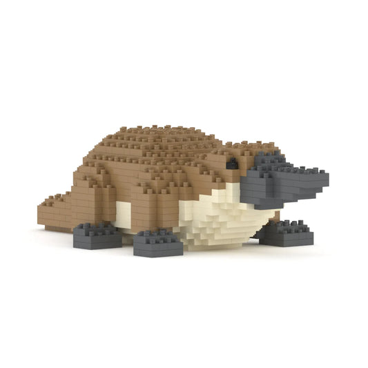 Model of a platypus made from interlocking building blocks on a white background