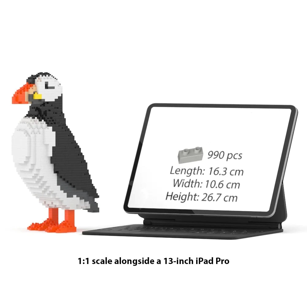 Model of a puffin next to a tablet displaying product details on a white background