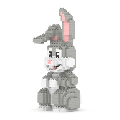 Toy figure of a cartoon rabbit made from interlocking bricks on a white background