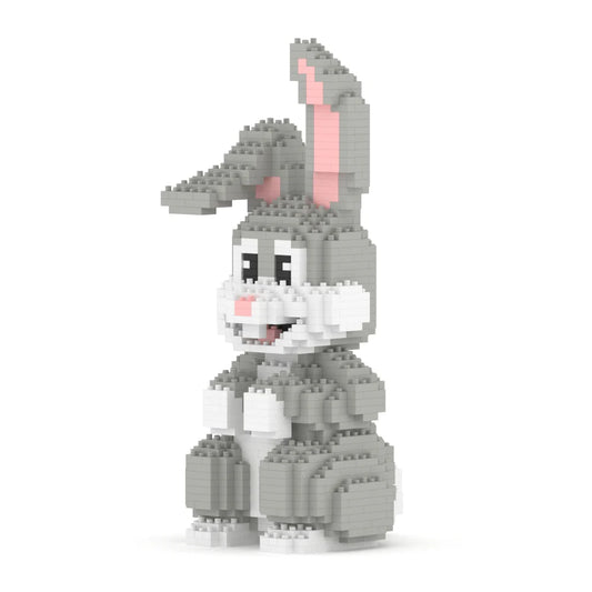 Toy figure of a cartoon rabbit made from interlocking bricks on a white background