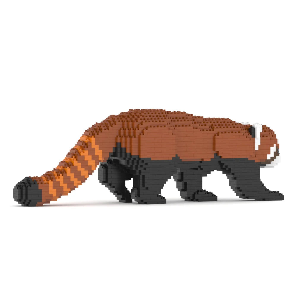 Toy figure of a red panda made from interlocking bricks on a white background
