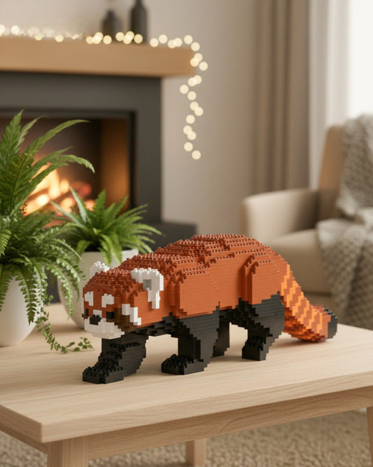 Brick-built panda figure on a table with a cozy indoor setting