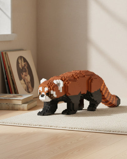 Red panda made of interlocking bricks on the table