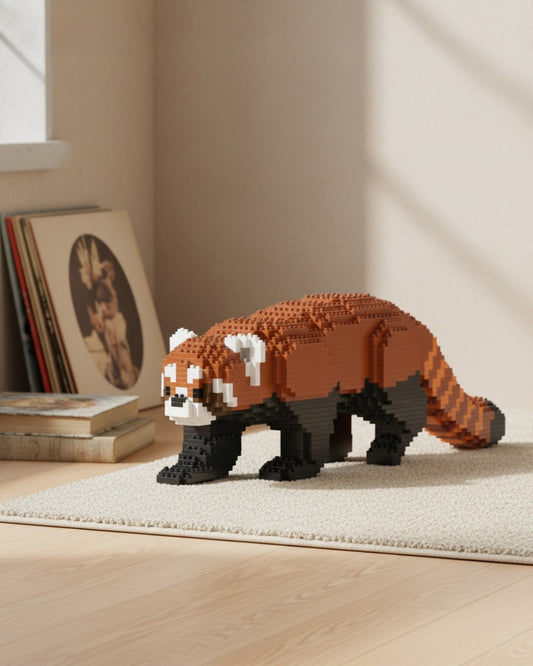 Red panda made of interlocking bricks on the table