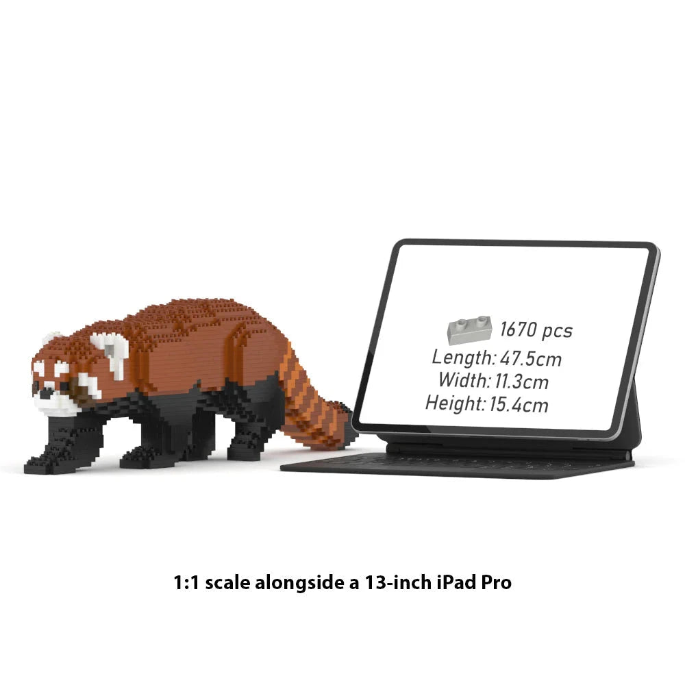 LEGO-like animal model next to a 13 inch iPad Pro showing product size details