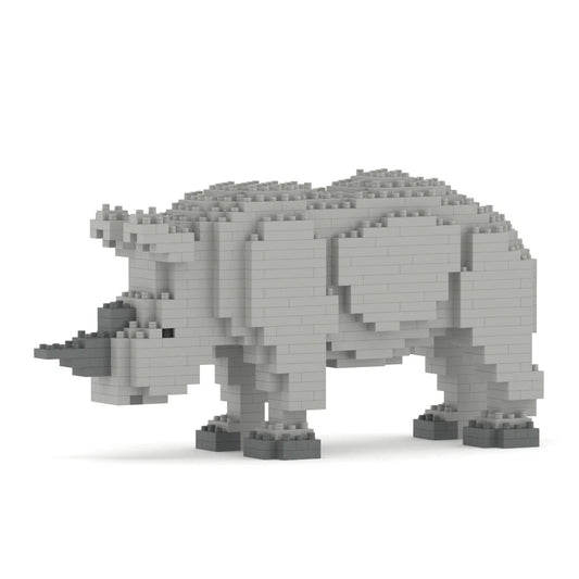 Gray rhino sculpture made of interlocking bricks on a white background