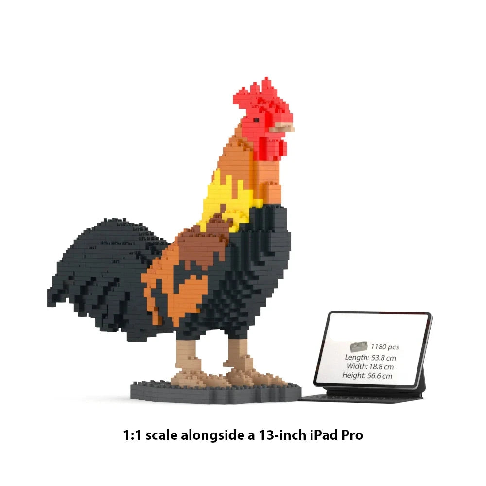 A 1:1 scale JEKCA brand block set of a rooster, shown alongside a 13-inch iPad Pro for scale on a white background with text reading '1:1 scale alongside a 13-inch iPad Pro'.