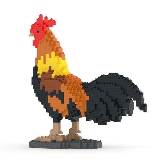 A 3D block-built rooster figurine made of small interlocking plastic blocks, standing on a dark base against a plain white background.