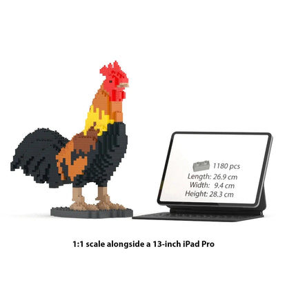 A 1:1 scale jekca brick building set rooster model shown next to a 13-inch iPad Pro displaying product specs, on a white background with text reading '1:1 scale alongside a 13-inch iPad Pro'.