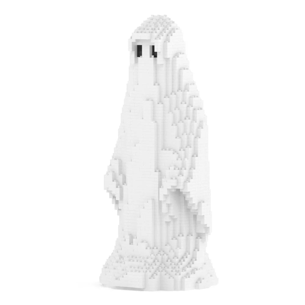 A white ghost-shaped building block structure with simple black eyes, standing upright against a plain white background.