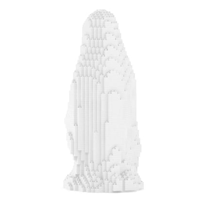 A white geometric, figure of the ghost from behind made of many small block-like pieces, centered on a plain white background.