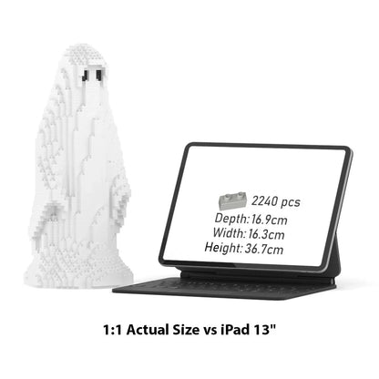 White brick-built ghost figurine shown beside an iPad displaying product info 2240-piece set, with text below reading '1:1 Actual Size vs iPad 13"'.
