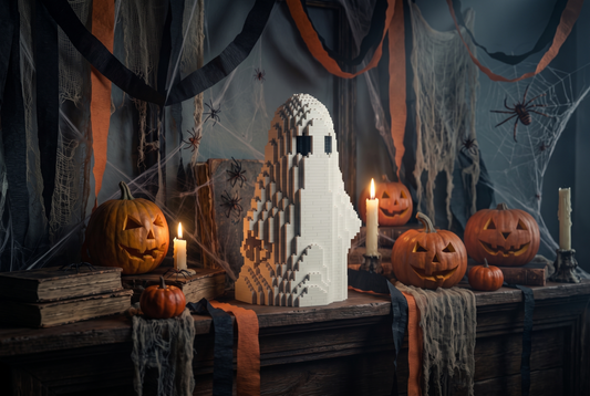 A white ghost-shaped structure made of block-like elements stands on a wooden mantel in a Halloween-themed room, surrounded by carved pumpkins, lit candles, cobwebs, spider decorations, and orange-and-black streamers.