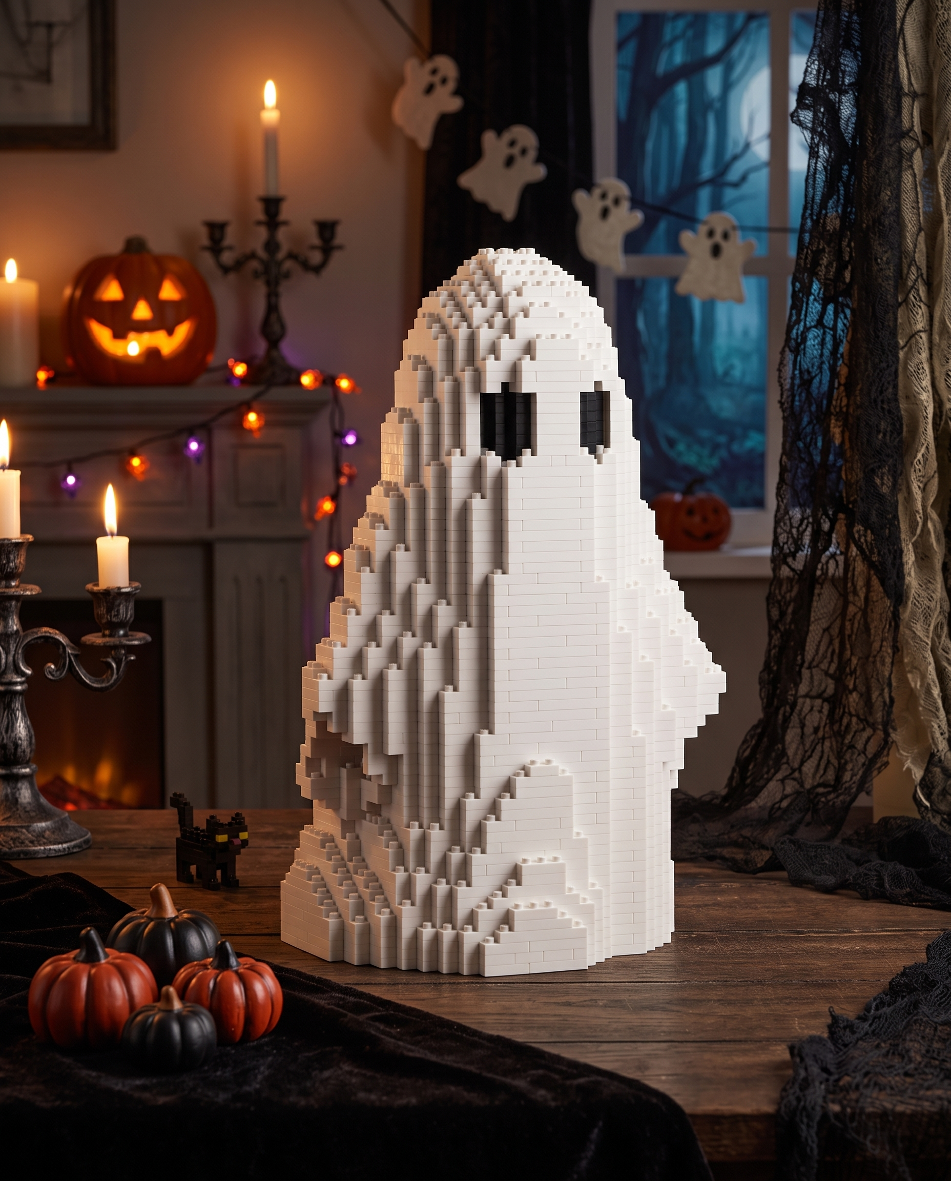 A white block-built ghost decoration with black eyes sits on a wooden table in a Halloween-themed room with candles, pumpkins, and spooky decorations.