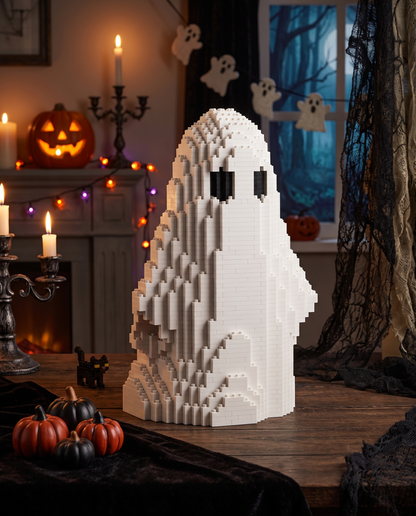 A white block-built ghost decoration with black eyes sits on a wooden table in a Halloween-themed room with candles, pumpkins, and spooky decorations.