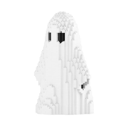 A white ghost-shaped block puzzle or toy figure with pixelated black eyes, shown against a plain white background.