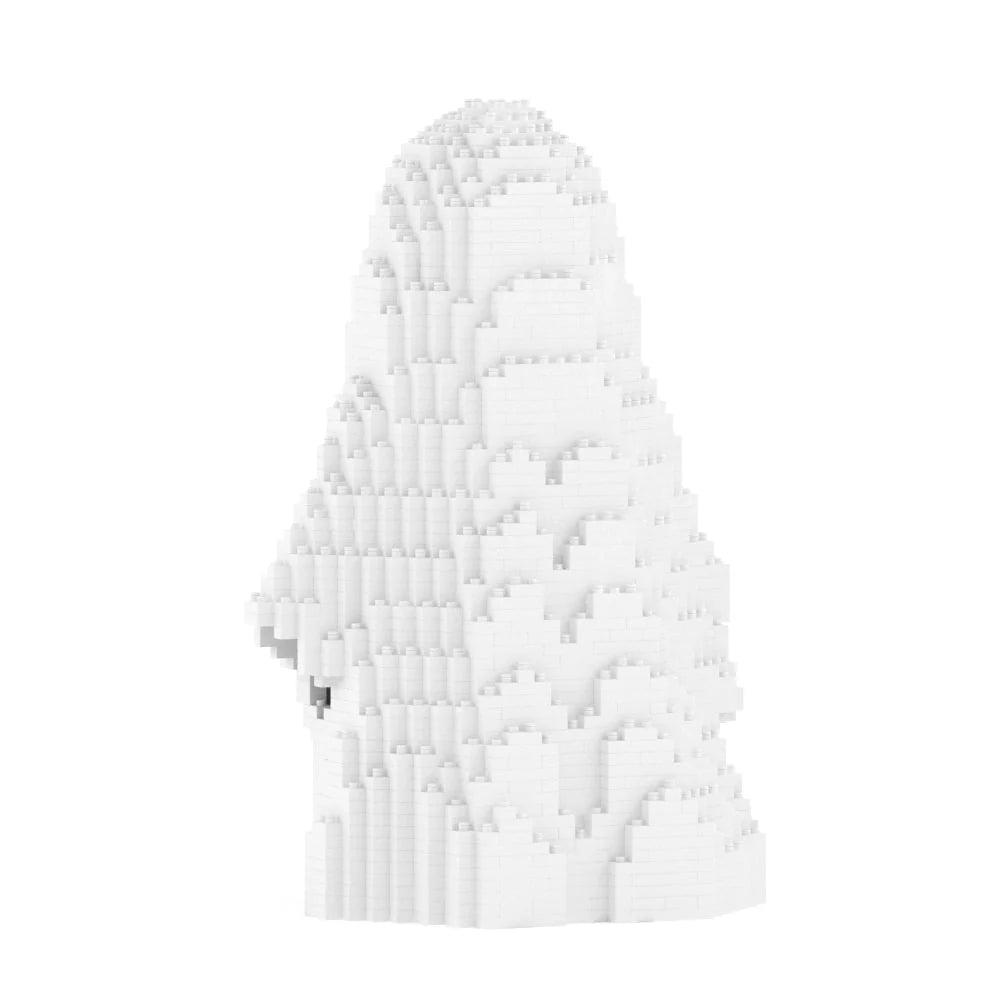 A white 3D-printed figure of the ghost made of building blocks, shown against a solid white background.